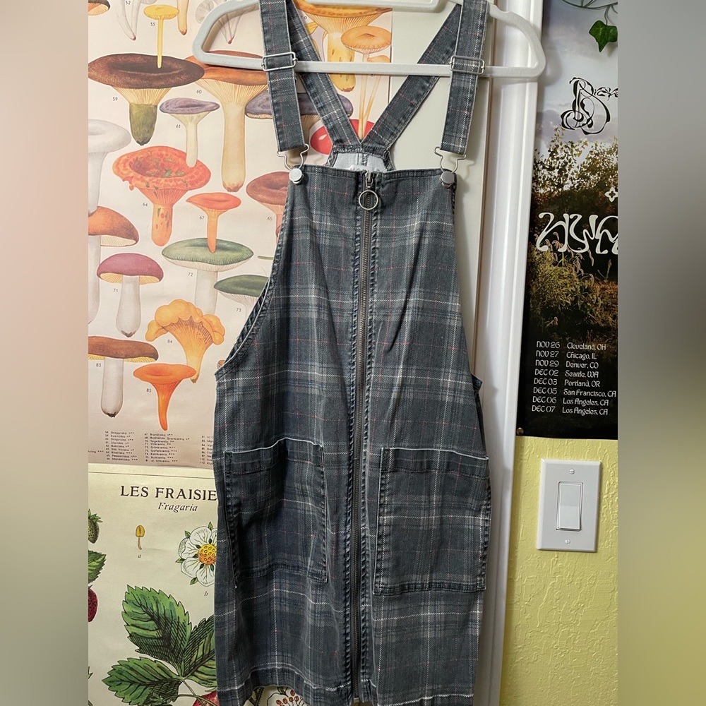 Plaid zip up overall dress